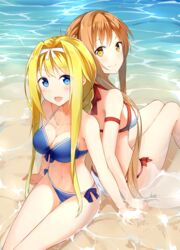  .com_(bot_com1) 2girls :d alice_zuberg asuna_(sao) back-to-back bare_arms bare_legs bare_shoulders beach bikini blonde_hair blue_bikini blue_eyes blush braid breasts brown_hair cleavage collarbone commentary_request day from_above hands_on_floor highres in_water knees_up long_hair looking_at_viewer looking_back medium_breasts multiple_girls navel ocean open_mouth orange_eyes outdoors red_bikini side-tie_bikini_bottom sitting smile stomach swimsuit sword_art_online sword_art_online:_alicization very_long_hair 