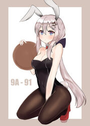  9a-91_(girls&#039;_frontline) absurdres animal_ears black_leotard bow bowtie breasts brown_pantyhose character_name cla_(finesoda) cleavage commentary_request detached_collar female girls&#039;_frontline high_heels highres leotard long_hair medium_breasts pantyhose photoshop_(medium) playboy_bunny rabbit_ears rabbit_tail red_bow red_bowtie red_footwear solo squatting strapless strapless_leotard tail tray very_long_hair wrist_cuffs 