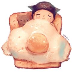  1boy artist_name bread brown_hair closed_eyes danganronpa egg food fried_egg hat highres horned_headwear hoshi_ryouma manino_(mofuritaionaka) new_danganronpa_v3 short_hair simple_background sleeping white_background 