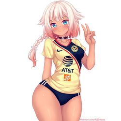  at&amp;t blonde_hair blue_eyes blush braid breasts buruma cevio choker club_america collarbone commentary cowboy_shot english_commentary female gradient_hair highres jersey liga_mx long_hair looking_at_viewer medium_breasts mexico multicolored_hair nottytiffy one_(cevio) patreon_username smile solo standing tan v watermark web_address white_background 