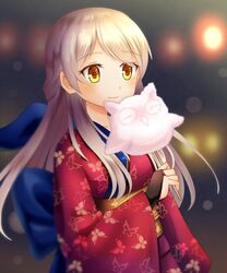  animal_print bangle black_gloves bracelet butterfly_print commentary_request cotton_candy feh_(fire_emblem_heroes) female fire_emblem fire_emblem:_radiant_dawn fire_emblem_heroes gloves grey_hair hair_ribbon half_updo japanese_clothes jewelry kimono long_hair micaiah_(fire_emblem) micaiah_(hoshidan_summer)_(fire_emblem) obi official_alternate_costume ribbon sash shira_yu_ki smile solo upper_body wide_sleeves yellow_eyes yukata 