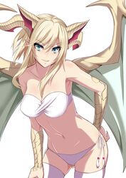  bad_id bad_link bad_twitter_id blonde_hair breasts covered_nipples cowboy_shot dragon_girl dragon_horns dragon_wings female green_eyes highres horns large_breasts long_hair myr_(p&amp;d) panties puuzaki_puuna puzzle_&amp;_dragons side-tie_panties solo standing thighhighs underwear underwear_only wings 