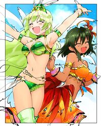  2girls :d ^_^ armband armpits arms_up bikini black_hair blue_sky border brazil carnaval_do_brasil carnival closed_eyes commentary crossover dancer dark-skinned_female dark_skin day dot_nose green_bikini green_hair green_legwear idolmaster idolmaster_cinderella_girls idolmaster_cinderella_girls_starlight_stage idolmaster_million_live! jewelry long_hair medium_hair midriff miridereningen multiple_girls natalia_(idolmaster) navel open_mouth outdoors revealing_clothes samba sarong shimabara_elena sky smile swimsuit trait_connection very_long_hair 