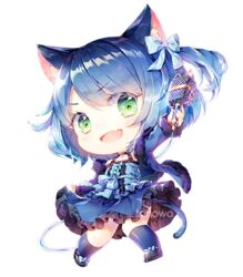  1boy :d animal_ears artist_name blue_dress blue_hair bow cat_ears cat_tail chibi commentary_request commission dress frilled_dress frills fur_trim green_eyes hair_ornament hairbow holding holding_microphone jumping long_sleeves looking_at_viewer male_focus microphone open_mouth otoko_no_ko ryoune_yami short_hair smile socks solo tail tonowa transparent_background utau 