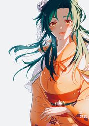  blush commentary_request elincia_ridell_crimea elincia_ridell_crimea_(hoshidan_summer) female fire_emblem fire_emblem:_path_of_radiance fire_emblem:_radiant_dawn fire_emblem_heroes floral_print flower green_hair grey_background hair_flower hair_ornament highres japanese_clothes kimono long_hair nekolook obi open_mouth orange_kimono sash sidelocks simple_background solo wide_sleeves yellow_eyes yukata 