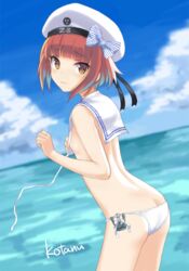  3: arm_at_side artist_name ass bad_id bad_pixiv_id bikini black_ribbon blurry breasts brown_eyes brown_hair butt_crack cloud cloudy_sky cowboy_shot day depth_of_field embarrassed female from_side gale_kawaii hand_on_own_chest hat kantai_collection lips looking_at_viewer ocean outdoors ribbon sailor_bikini sailor_collar sailor_hat short_hair signature sky small_breasts solo swimsuit thighs untied_bikini white_bikini white_hat z3_max_schultz_(kancolle) z3_max_schultz_(swimsuit_mode)_(kancolle) 