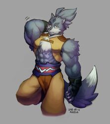  2018 5_fingers abs absurd_res anthro biceps canid canine canis chest_tuft clothed clothing countershading digital_media_(artwork) fingerless_gloves fingers fur gloves gundam gundam_build_divers hair handwear hi_res male mammal muscular muscular_anthro muscular_male solo tigerwolf_(gundam_build_divers) tuft wolf wolfmalro 