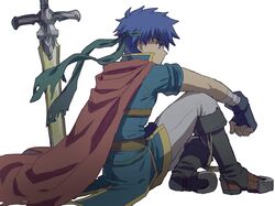  1boy armor blue_eyes blue_hair cape fire_emblem fire_emblem:_path_of_radiance gloves headband ike_(fire_emblem) kometubu0712 male_focus ragnell simple_background sitting solo sword weapon 