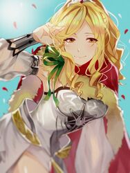  angelia_carlos bad_id bad_pixiv_id blonde_hair blue_sky blurry bracer breasts brown_eyes cape day detached_sleeves female fur_trim green_ribbons hand_up highres leaning_forward medium_breasts outdoors red_cape ribbon sdorica sidelocks sky smile standing yawai_tofu 