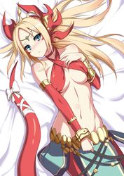  aqua_eyes bad_id bad_link bad_twitter_id bed blonde_hair blush breasts echidna_(p&amp;d) female highres lamia long_hair looking_at_viewer lying medium_breasts monster_girl navel on_back puuzaki_puuna puzzle_&amp;_dragons solo 