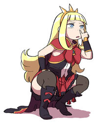  blonde_hair blue_eyes cagliostro_(granblue_fantasy) circlet commentary_request female granblue_fantasy long_hair nose_picking shadow solo squatting thighhighs tongue tongue_out white_background yoshino_norihito 