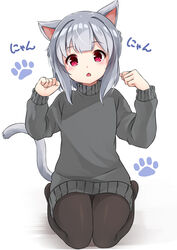  absurdres animal_ears blush brown_pantyhose cat_ears cat_girl cat_tail commentary_request female full_body grey_hair grey_sweater hands_up head_tilt highres long_sleeves looking_at_viewer oerba_yun_fang open_mouth original pantyhose paw_pose red_eyes seiza shadow sidelocks sitting solo sora_(silent_square) sweater tail tail_raised translated tsugumi-chan_(sora) white_background 