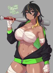  athletic_female bandage baseball_bat big_breasts dark-skinned_female long_hair looking_at_viewer multicolored_hair original ryo_agawa 