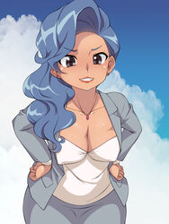  1girls bakugan bakugan_battle_planet blue_hair blue_sky blush_lines cleavage cloud cowboy_shot curvy_female day daytime facing_viewer female female_only fully_clothed fully_clothed_female grey_jacket grey_skirt grin hands_on_hips jacket leaning_forward light_blush lipstick long_hair looking_at_viewer mature_female medium_breasts milf mom_bod nipples_covered outdoors pendant photo_background shiny_skin skirt skirt_suit sky sky_background solo standing straight-on stud_earrings veronica_venegas white_shirt yashiro_toshimi 