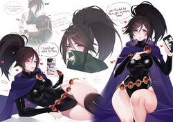  akali big_breasts blush breasts clothed clothing cosplay cute_face dc female female_focus female_only league_of_legends noodychaan pale_skin phone raven_(cosplay) skinny solo solo_female solo_focus superhero_costume superheroine taking_picture teen_titans text_bubble thick_thighs tight_clothing torn_clothes 