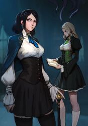  2girls blonde_hair blue_dress brunette_hair cane clothed corset female green_dress imminent_rape looking_away reading reading_book sfw skirt tagme tarakanovich tentacle unfinished victorian victorian_dress violet_eyes 