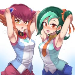  2girls ai_generated anna_kozuki blush clothing eroeroai green_hair kotori_mizuki looking_at_viewer mizuki_kotori orange_eyes red_hair school_uniform short_hair skirt smile sweatdrop tori_meadows yellow_eyes yu-gi-oh! yu-gi-oh!_zexal 