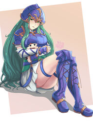  1girls armor ass blue_footwear blue_headwear boots border breasts brown_background character_doll detached_sleeves english_commentary eyelashes female female_only fire_emblem fire_emblem:_path_of_radiance full_body gold_trim green_eyes green_hair helmet highres holding holding_stuffed_toy ike_(fire_emblem) knee_boots long_hair nephenee_(fire_emblem) nintendo rinku_bny signature skirt solo stuffed_toy white_border white_skirt 