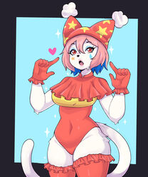  2023 anthro artkett1412 big_breasts blue_hair breasts clothing clown clown_hat clown_makeup curvy_figure cute_fang digital_media_(artwork) escape_escape felid feline female fur gloves hair handwear heart hi_res hourglass_figure legwear leotard long_tail makeup mammal multicolored_hair navel_outline open_mouth pink_hair red_eyes simple_background solo sparkles tail teeth thick_thighs thigh_highs thighhighs tight_clothing tongue white_body white_fur 