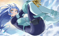  1girls absurdres ass belt blue_bodysuit blue_eyes blue_hair bodysuit boku_no_hero_academia breasts bright_pupils butt closed_mouth cloud cloudy_sky commentary_request day drill_hair female fengling_(furin-jp) floating_hair furin0241 gloves green_bodysuit hadou_nejire hair_horns highres knees_up large_breasts light_blue_hair light_blush long_hair looking_at_viewer midair multicolored_bodysuit multicolored_clothes my_hero_academia nejire_hado pout skin_tight sky solo sunlight thigh_belt thigh_pouch thigh_strap two-tone_bodysuit white_pupils yellow_gloves 