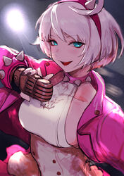  absurdres ahoge artist_request blue_eyes bracelet breasts collar dress elphelt_valentine female guilty_gear guilty_gear_strive hairband highres holding holding_microphone huge_ahoge jacket jewelry large_breasts looking_at_viewer microphone nonude open_mouth pink_jacket short_hair smile spiked_bracelet spiked_collar spiked_hairband spikes white_dress white_hair yuu_(primenumber7) 