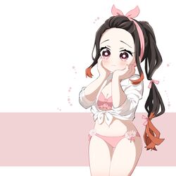  absurdres alternate_hairstyle bikini black_hair closed_mouth female flower hair_ribbon highres kamado_nezuko kimetsu_no_yaiba long_hair multicolored_hair navel pink_bikini pink_eyes pink_ribbon ponytail pori_(kmt_pori) protected_link ribbon shirt solo stomach swimsuit very_long_hair white_shirt 