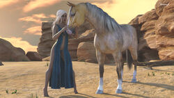  16:9 3d_(artwork) 5_toes ambiguous_gender barefoot clothed clothing daenerys_targaryen detailed_background digital_media_(artwork) duo equid equine feet female feral game_of_thrones hair hi_res hooves horse human humanoid_feet larger_ambiguous lips mammal outside plantigrade size_difference smaller_female standing toes white_hair widescreen xnassyx 