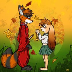  1:1 2021 anthro ara_caelum_(aralyre) artist_name autumn autumn_leaves bad_guy_cafe blue_eyes bottomwear canid canine claws clothing colored cosplay crossover crossover_cosplay digital_drawing_(artwork) digital_media_(artwork) dipstick_ears dipstick_tail duo ear_markings female fox fur furgonomics grass green_background green_bottomwear green_clothing green_eyes green_skirt grey_body grey_fur heart_necklace hybrid inner_ear_fluff inuyasha inuyasha_(inuyasha) jewelry kagome_higurashi kiroyal_codjerva_(kiroyal) lagomorph leporid male male/female mammal markings melee_weapon midriff multicolored_ears necklace orange_background orange_body orange_fur orange_leaves plant procyonid rabbit raccoon red_clothing school_uniform shaded signature simple_background skirt striped_body striped_fur stripes sword tail tail_markings tail_through_skirt tree tuft uniform weapon white_body white_fur yellow_background yellow_leaves ziegelzeig 