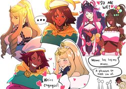  ... 2boys 5girls absurdres alfred_(fire_emblem) bare_shoulders blonde_hair blush breasts brown_hair celine_(fire_emblem) cleavage closed_eyes commentary crop_top dark-skinned_female dark-skinned_male dark_skin dress earrings elbow_gloves english_commentary english_text eyelashes fascinator fire_emblem fire_emblem_engage flower fogado_(fire_emblem) gloves hair_flower hair_ornament hat heart highres ivy_(fire_emblem) jewelry long_hair midriff multiple_boys multiple_girls multiple_views navel open_mouth ponytail purple_hair queen_eve seforia_(fire_emblem) short_hair shynrinn smile speech_bubble thumbs_up timerra_(fire_emblem) very_dark_skin very_long_hair white_background white_eyes white_gloves white_headwear yuri 