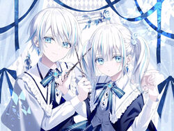  1boy aqua_eyes blue_neckwear capelet closed_mouth collar dress earrings female holding holding_hands holding_wand interlocked_fingers jewelry kazunehaka looking_at_viewer matching_earrings matching_outfits multicolored_hair original short_hair siblings twins twintails two-tone_hair upper_body wand white_hair 