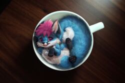  beverage black_nose blep blue_body blue_fur canid canine cats_are_liquid claws coffee coffee_mug colorful_theme comically_large_object container countershading daww digital_media_(artwork) digital_painting_(artwork) female feral fluffy fox fur hair hi_res in_container in_cup mammal micro multicolored_body multicolored_fur nyaaa_foxx pawpads paws pink_eyes pink_hair quadruped red_fox silverfox5213 solo sparklefur toe_claws tongue tongue_out true_fox whiskers white_body white_fur young young_feral 