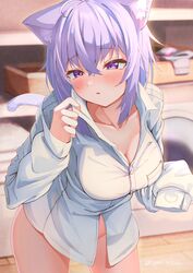  ahoge animal_ear_fluff animal_ears blush bottomless breasts cat_ears cat_girl cat_tail cleavage collared_shirt female hair_between_eyes highres hololive large_breasts laundry_basket naked_shirt nekomata_okayu nekomata_okayu_(oversized_shirt) nyoon parted_lips purple_eyes purple_hair shirt short_hair sleeves_past_wrists solo tail virtual_youtuber 