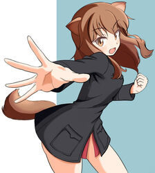  absurdres animal_ears black_jacket clenched_hand commentary dog_ears dog_girl dog_tail female fernandia_malvezzi foreshortening haruwo0096 highres jacket leaning_forward long_hair long_sleeves looking_at_viewer marmot_ears marmot_girl marmot_tail medium_hair military military_uniform no_pants open_mouth reaching reaching_towards_viewer smile solo standing strike_witches:_kurenai_no_majo-tachi tail uniform world_witches_series 