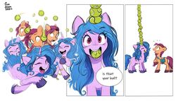  2021 ball ball_in_mouth better_version_at_source closed_eyes digital_media_(artwork) duo earth_pony english_text equid equine erzhuxa female feral fetlocks fur hair hasbro hi_res hooves horn horse impalement izzy_moonbow_(mlp) mammal mlp_g5 mouth_hold my_little_pony open_mouth open_smile pony purple_body saddle_bag simple_background smile speed_lines sunny_starscout_(mlp) teeth tennis_ball text tongue unicorn white_background 