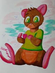  3:4 anthro bicornasaurs brown_body brown_fur full-length_portrait fur gift glistening glistening_eyes green_eyes heart_symbol hi_res male mammal micro mouse murid murine pink_ears pink_nose portrait rodent sitting solo tiny_(disambiguation) 