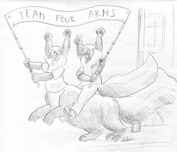  2019 4_arms anthro banner bottomwear cervelet clothing duo english_text footwear jeffskunk juniper_skunktaur male mammal mammal_taur mephitid mephitid_taur monochrome multi_arm multi_limb pants shirt shoes sign skunk skunk_taur taur text topwear 