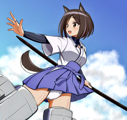  absurdres animal_ears ass_visible_through_thighs black_hair blue_skirt blue_sky bob_cut bridal_gauntlets brown_eyes cloud cloudy_sky commentary day dog_ears dog_girl dog_tail dougi female flying hakama hakama_short_skirt hakama_skirt haruwo0096 highres holding holding_staff japanese_clothes kuroda_kunika layered_sleeves long_sleeves looking_to_the_side miniskirt noble_witches open_mouth outdoors panties pantyshot shirt short_over_long_sleeves short_sleeves skirt sky smile solo staff striker_unit swept_bangs tail underwear white_panties white_shirt wind wind_lift world_witches_series 