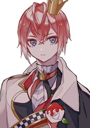  1boy androgynous bad_id bad_pixiv_id blue_eyes close-up crown flower hair_between_eyes male_focus puchipuchi red_hair riddle_rosehearts rose solo twisted_wonderland white_background 