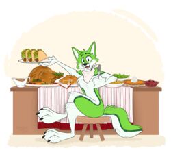  4_toes absurd_res anthro avian bird black_nose bread canid canine claws corn dairy_products dessert digital_media_(artwork) english_text feet fidget_the_fox food fox fruit fur furniture galliform gravy green_beans green_body green_eyes green_fur hair hi_res holidays looking_at_viewer male mammal open_mouth pastry pawpads paws phasianid pie plant pumpkin_pie roll signature simple_background smile solo strawbear table tablecloth taco text thanksgiving toe_claws toes turkey whipped_cream whiskers white_body white_fur 