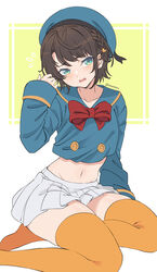  adapted_costume black_hair blue_eyes blue_hat blue_sailor_collar blue_shirt blush bow bowtie braid commentary_request cosplay cropped_shirt disney donald_duck donald_duck_(cosplay) duck_hair_ornament female flying_sweatdrops hair_ornament hairclip hat head_tilt highres hololive long_sleeves looking_at_viewer midriff miniskirt navel official_alternate_hairstyle oozora_subaru open_mouth orange_thighhighs pleated_skirt red_bow red_bowtie sailor_collar sailor_hat shirt short_hair side_braid sitting skirt solo swept_bangs thighhighs thighs tied_shirt twitter_username vinhnyu virtual_youtuber white_skirt zettai_ryouiki 