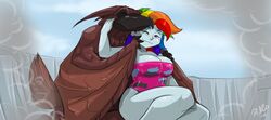  big_breasts blue_body breasts cleavage clothed clothing duo female friendship_is_magic hair hasbro human kaiju mammal multicolored_hair my_little_pony one-piece_swimsuit rainbow_dash_(mlp) rainbow_hair rodan_(toho) shonuff swimwear tagme toho 