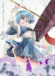  blue_eyes blue_hair blue_skirt blue_vest female geta heterochromia highres holding holding_umbrella juliet_sleeves long_sleeves puffy_sleeves red_eyes shirt short_hair skirt solo tatara_kogasa tongue touhou umbrella usuusu vest white_shirt 