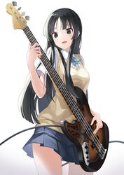  absurdres akiyama_mio bass_guitar black_eyes black_hair blue_ribbon blue_skirt blush breasts cable commentary cowboy_shot female fender_jazz_bass gradient_background grey_background highres holding instrument k-on! kimyo long_hair medium_breasts miniskirt neck_ribbon open_mouth parted_lips pleated_skirt ribbon sakuragaoka_high_school_uniform school_uniform shirt short_sleeves skirt smile solo standing straight_hair summer_uniform white_background white_shirt 