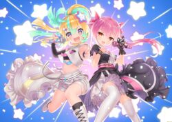  2girls :d amakawa_hano aqua_hair belt bettle_(b_s_a_n) black_dress blonde_hair blue_background bow dress hair_ornament hairbow hairclip hand_up himekuma_ribon holding holding_microphone long_hair looking_at_viewer microphone multicolored_hair multiple_girls official_art open_mouth pink_bow pink_hair pink_ribbon pointing pointing_at_viewer re:act red_eyes ribbon smile star_(symbol) star_hair_ornament thighhighs twintails two-tone_hair virtual_youtuber white_legwear wristband 