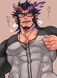  1boy abs bara black_hair broken_horn chun_(luxtan) covered_abs covered_nipples demon_boy demon_horns facial_hair fiery_horns glasses horns jewelry large_pectorals long_sideburns looking_at_viewer male_focus muscular muscular_male necklace nipple_stimulation nipple_tweak oerba_yun_fang pectorals sexually_suggestive shirt sideburns simple_background smile solo stubble takemaru_(housamo) taut_clothes tight_clothes tight_shirt tokyo_afterschool_summoners tweaking_own_nipple v-neck 