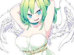  :d angel armpits arms_up blush breasts female frfr green_hair highres large_breasts looking_at_viewer medium_hair oerba_yun_fang original simple_background smile solo strapless upper_body white_background wings 