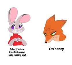  2021 anthro buckteeth canid canine clothed clothing dialogue dick_flattening disney duo english_text female fox fur green_eyes grey_body grey_fur impregnation_request interlocked_fingers judy_hopps lagomorph leporid looking_aside male mammal meme nick_wilde number orange_body orange_fur ponporio_(artist) purple_eyes rabbit red_fox simple_background snout snout_overhang sweater teeth text time topwear true_fox turtleneck white_background zootopia 