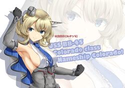  black_gloves blonde_hair blue_eyes blue_necktie braid breasts capelet colorado_(kancolle) dress elbow_gloves female garrison_cap gloves grey_capelet grey_dress grey_gloves grey_headwear hat headgear kagutsuchi_(victoragna) kantai_collection large_breasts lattice_mast necktie pleated_dress shirt short_hair side_braids sideboob sideless_shirt sleeveless white_shirt 