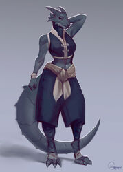  2022 anthro biped brown_eyes clothed clothing dragon female grey_background grey_body grey_scales guppic hand_behind_head hi_res horn looking_at_viewer midriff mythological_creature mythological_scalie mythology navel scales scalie shaded simple_background slim solo standing tail 