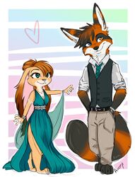  2021 anthro ara_caelum_(aralyre) aralyre belt blue_eyes bottomwear canid canine claws clothing digital_drawing_(artwork) digital_media_(artwork) dipstick_ears dress duo ear_markings female fox fur fur_markings green_clothing green_dress green_eyes green_necktie grey_body grey_fur heart_symbol heterochromia hi_res hybrid inner_ear_fluff jewelry kiroyal_codjerva_(kiroyal) lagomorph leporid male male/female mammal markings multicolored_ears necklace necktie orange_body orange_fur pants procyonid rabbit raccoon shaded shirt signature sleeveless_jacket tan_body tan_bottomwear tan_clothing tan_fur tan_pants teal_eyes topwear tuft white_body white_clothing white_fur white_shirt white_topwear wristband yellow_eyes 